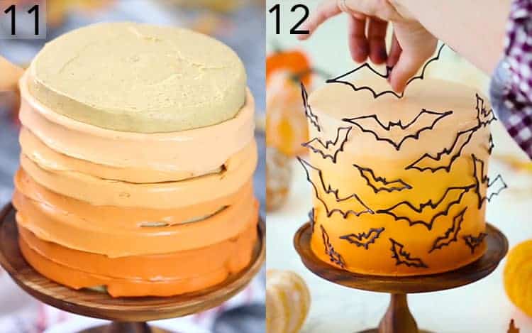 An orange ombréof buttercreams being pipedonto a cake and then bats are placed on.