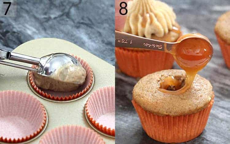 Two photos showing caramel apple cupcake batter going into a paper and then getting filled with caramel.