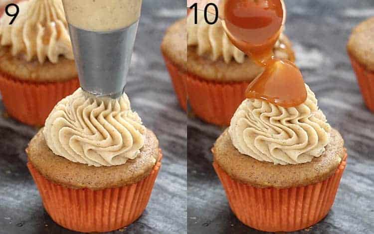 Two photos showing caramel apple cupcakes getting piped with buttercream and topped with caramel