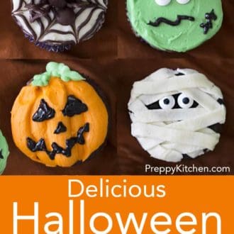 Pinterest graphic of four cupcakes with halloween decoration.