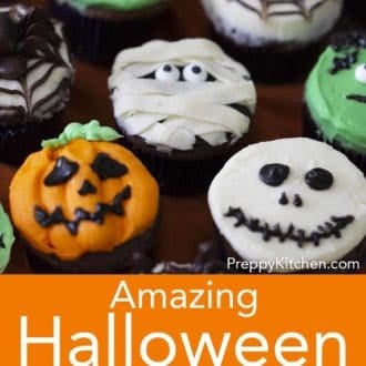 Pinterest graphic of various cupcakes with halloween decoration.