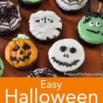 Pinterest graphic of various cupcakes with halloween decoration.