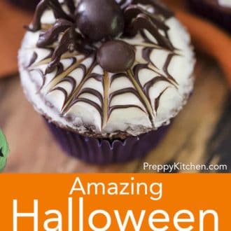Pinterest graphic of a Halloween cupcake with spider decoration.