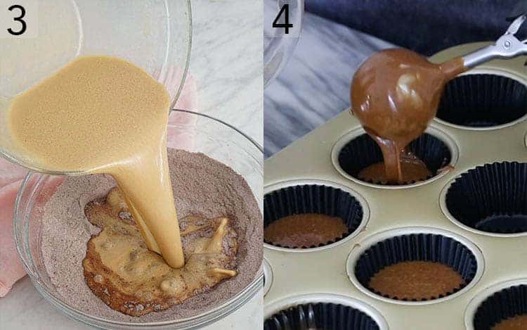 Chocolate cupcake batter being poured for Halloween cupcakes.