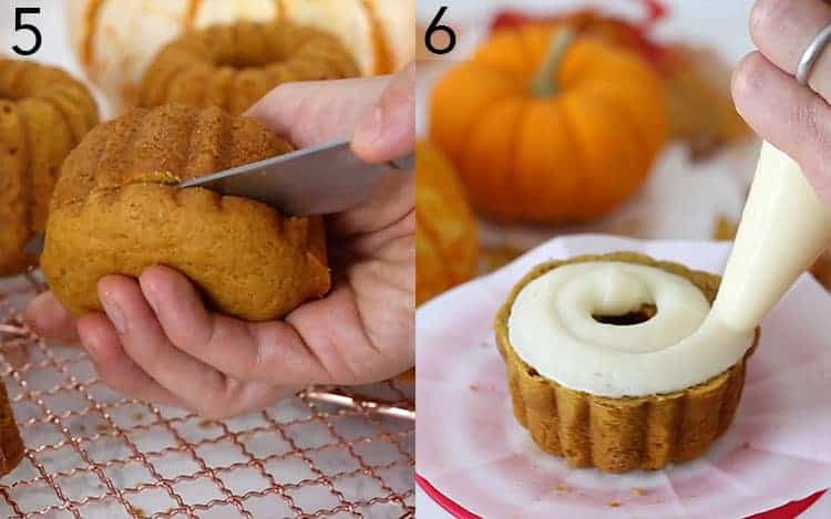 Two photos showing pumpkin bundt cakes being trimmed and assembled.
