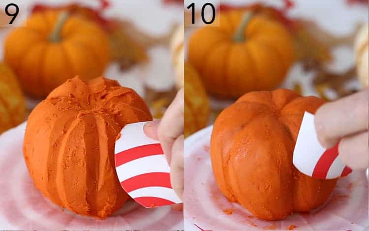 Two photos showing pumpkin bundt cakes covered in orange buttercream getting smoothed.