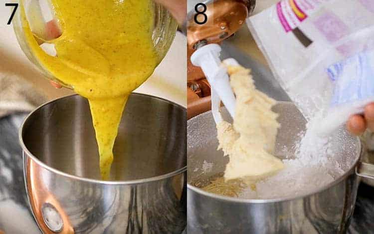 Brown butter getting poured into a bowl and mixed with powdered sugar.