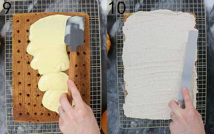 A pumpkin poke cake getting assembled.