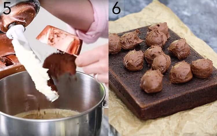Chocolate buttercream being mixed and added to a sheet cake.