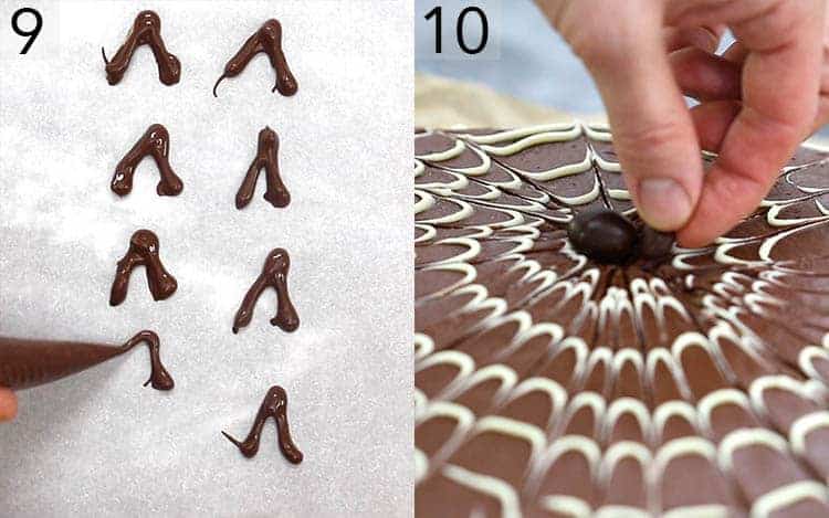 A chocolate spider being assembled on a cake.