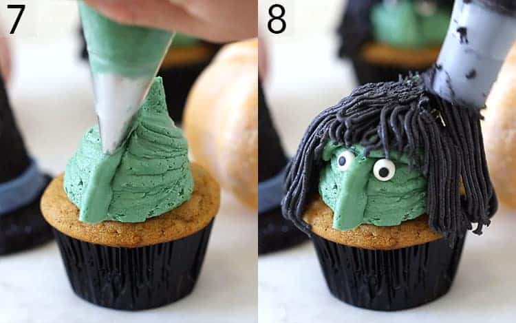 A witch's face with black hair getting piped onto cupcakes.