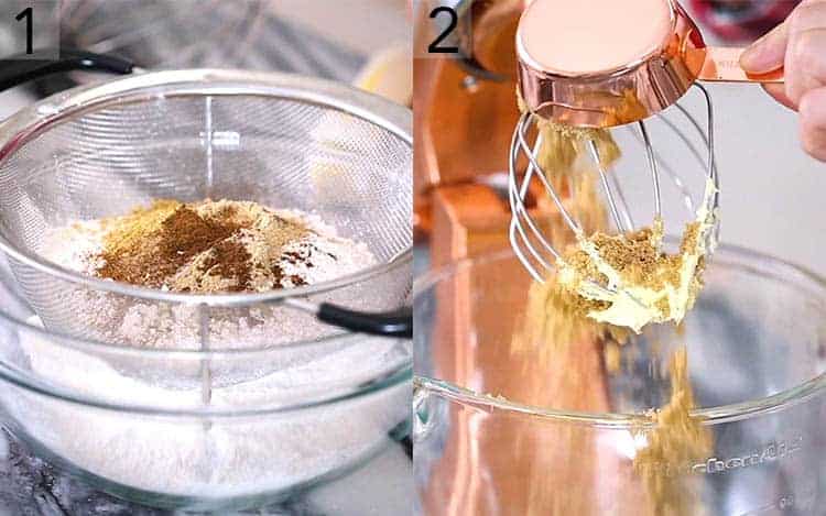 Two photos showing batter for a Christmas cake getting made.