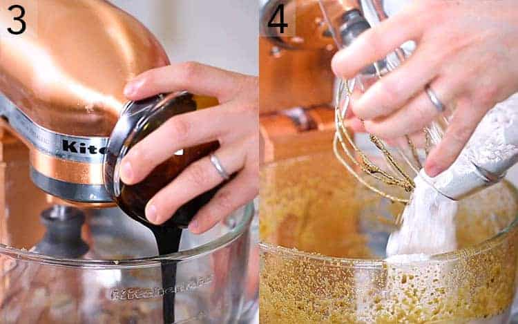 Two photos showing Gingerbread cake batter getting made.