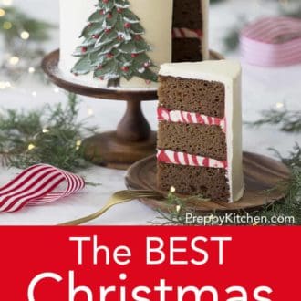 piece of three layer christmas cake with hand painted christmas tree decoration