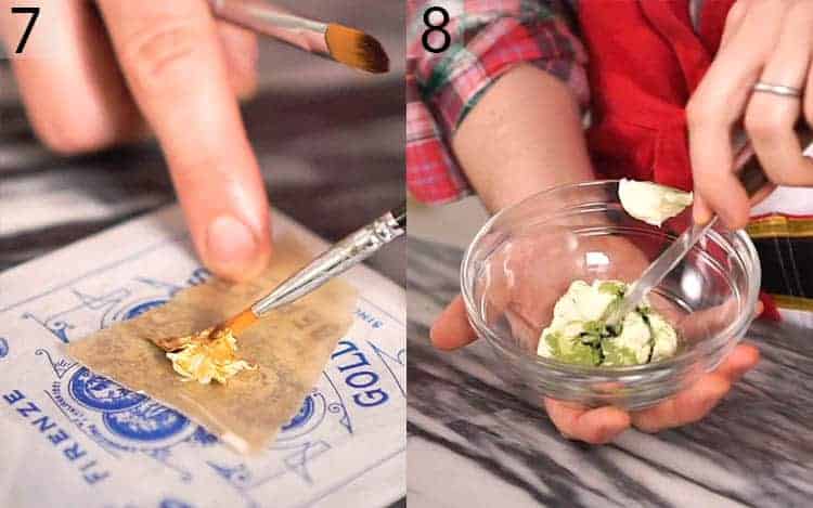 Two photos showing gold leaf being applied to a buttercream star and a batch of buttercream getting colored with matcha