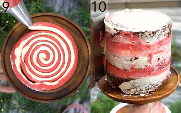 Two photos showing a Chrsitmas cake being assembled with a red and white swirl inside.
