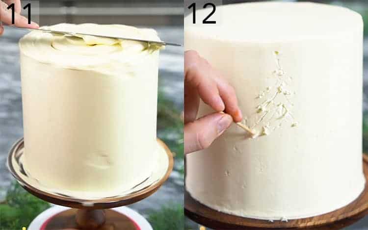 Two photos showing a tree being drawn on a cke that was just smoothed.