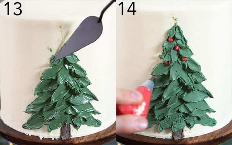 Two photos showing a Christmas tree being painted onto a cake with buttercream