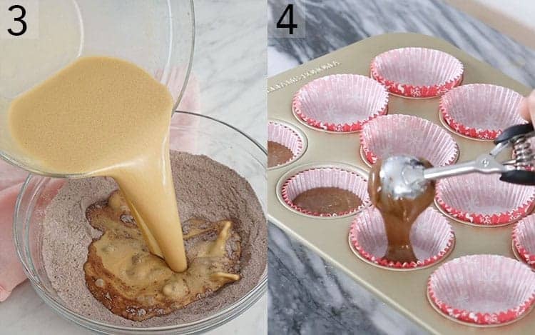 Chocolate cupcake batter getting transferred to cupcake papers.