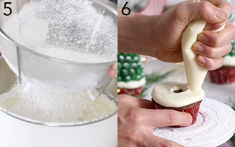 Buttercream getting piped onto chocolate cupcakes.