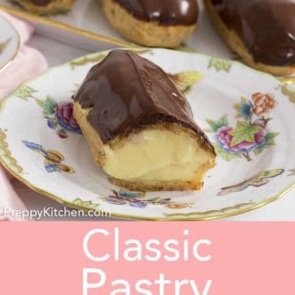 eclair filled with pastry cream sitting on a plate