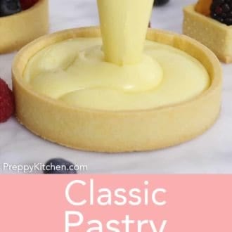 round tart shell being filled with pastry cream