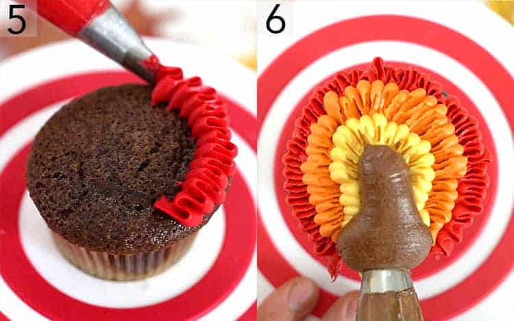 The tail feathers and body of a turkey getting piped with buttercream