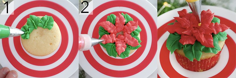 A photo showing steps on how to pipe a poinsettia onto a cupcake.