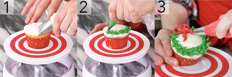 A photo showing steps on how to pipe a Christmas wreath onto a cupcake.
