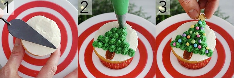 A photo showing steps on how to pipe a Christmas tree onto a cupcake.