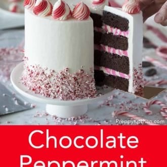 chocolate peppermint layer cake with crushed candy cane
