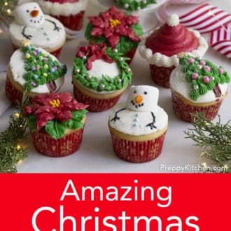 Pinterest graphic of assorted Christmas cupcakes with pine needles and ribbons scattered around.