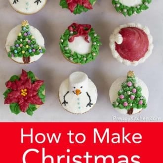 Pinterest graphic of an overhead view of nine Christmas cupcakes.