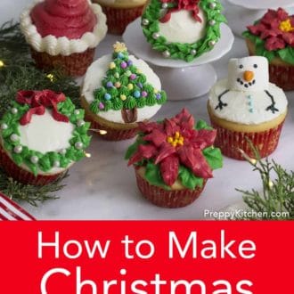 Pinterest graphic of an assortment of Christmas cupcakes.