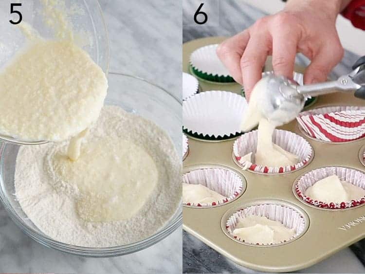 Vanilla batter for Christmas cupcakes being scooped into cupcake papers to bake.