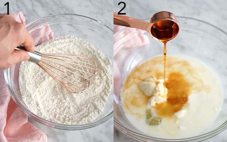 wet and dry ingredients for a Christmas cake getting mixed together.