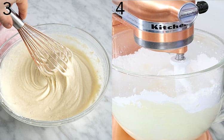 Batter and buttercream for a Christmas cake getting mixed.