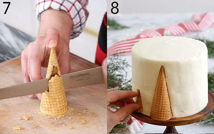 Ice cream cones getting cut in half and applied to a cake.