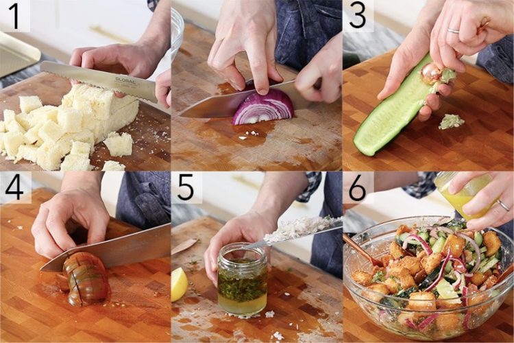 A photo showing steps on how to make a panzanella salad.