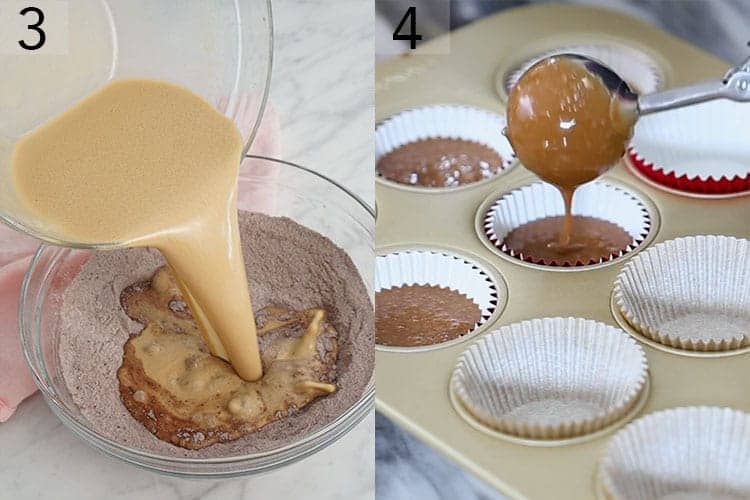 Wet and dry ingredients for Santa cupcakes getting combined.