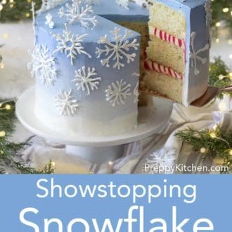 snowflake layer cake on a stand
