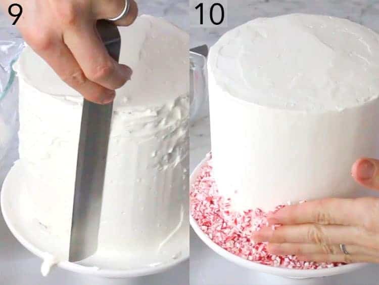 A chocolate peppermint cake getting smoothed and coated with candy cane pieces.