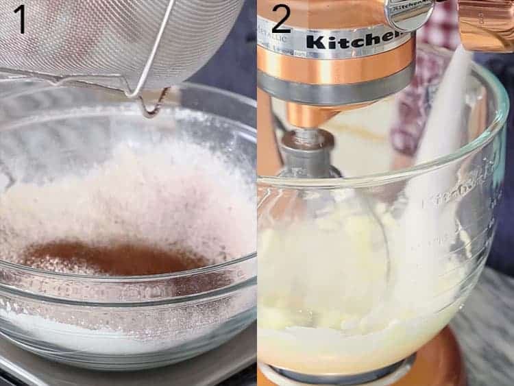 Dry ingredients for a chocolate peppermint cake getting sifted.