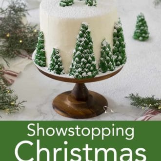 christmas cake with christmas tree decoration topped in powdered sugar