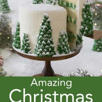 christmas cake with christmas tree decoration topped in powdered sugar
