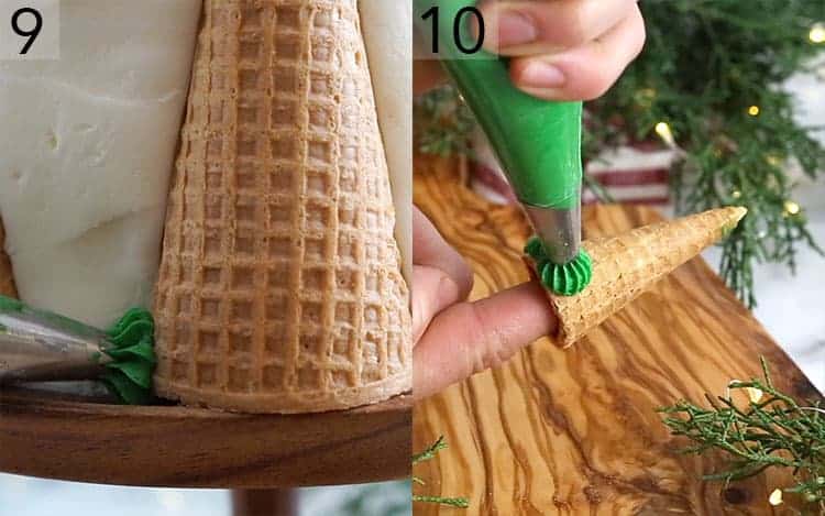 Green buttercream piped onto ice cream cones.