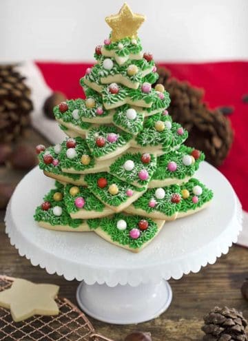 A Christmas cookie tree made from sugar cookies and buttercream.