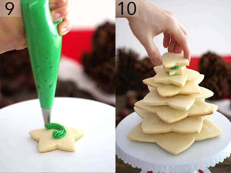 Star-shaped sugar cookies getting stacked to form a tree.