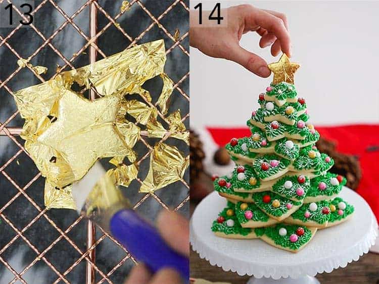 A gold star getting placed on a cookie tree.