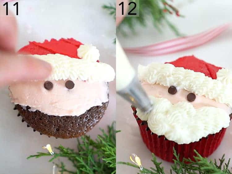 Chocolate chip eyes and a buttercream beard being added to a Santa cupcake.